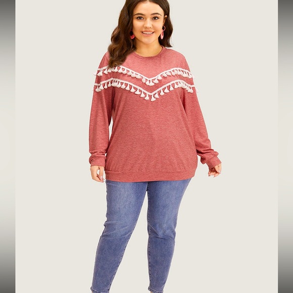 NWT BloomChic “ELLE” crew neck tassel Heather trim dusty rose sweatshirt Sz 1x - Picture 4 of 9